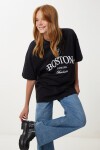 Nakış İşlemeli Oversize Örme T-shirt SİYAH LKT0014