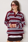 Polo Yaka Çizgili Oversize Triko Kazak BORDO LACİVERT LİY0014