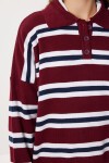 Polo Yaka Çizgili Oversize Triko Kazak BORDO LACİVERT LİY0014