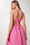 Sırt Dekolteli Yazlık Poplin Elbise KOYU PEMBE LDP0043