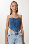 Straplez Denim Bluz KOYU MAVİ LFG0041