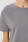 Taş Detaylı Pamuklu Örme T-shirt FÜME LKT0006
