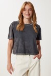 Yıkamalı Crop Örme T-shirt ANTRASİT LKT0013