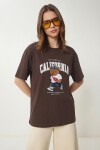 Ayıcık Armalı Baskılı Oversize Örme T-shirt KAHVERENGİ LMC0088