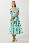 Balon Kollu Desenli  Dokuma Elbise SU YEŞİLİ LFG0072