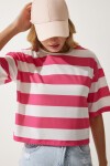 Bisiklet Yaka Çizgili Crop Örme T-shirt BEYAZ PEMBE LHF0007