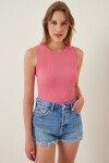 Bisiklet Yaka Pamuklu Örme Bluz KOYU PEMBE LGT0013