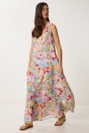 Çiçek Desenli Yazlık Keten Elbise PEMBE MAVİ LHC0021