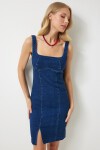 Kare Yaka Askılı Likralı Mini Denim Elbise MAVİ LKQ0002