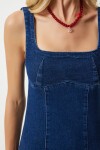 Kare Yaka Askılı Likralı Mini Denim Elbise MAVİ LKQ0002