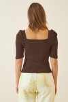 Kare Yaka Fitilli Crop Bluz KAHVERENGİ LGT0011