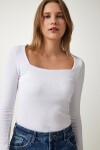 Kare Yaka Fitilli Örme Bluz BEYAZ LGT0010