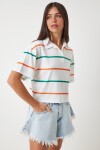 Polo Yaka Çizgili Crop Örme T-shirt EKRU ORANJ LHF0004