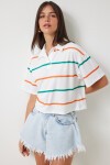 Polo Yaka Çizgili Crop Örme T-shirt EKRU ORANJ LHF0004