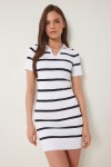 Polo Yaka Fitilli Saran Triko Elbise BEYAZ LOW0020