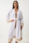 Püskül Güpür Detaylı Uzun Keten Kimono BEYAZ LOH0001
