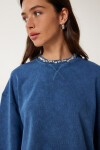 Taş Detaylı Yıkamalı Pamuklu Örme T-shirt LACİVERT LHC0014