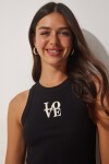 2li Halter Yaka Nakışlı Fitilli Crop Örme Bluz SİYAH BEYAZ LUS0003