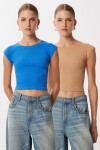 2’li Paket Basic Fitilli Örme Crop Bluz BİSKÜVİ KOYU MAVİ LMX0123