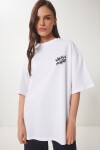 Baskılı Pamuklu Oversize Örme T-shirt BEYAZ LUB0104