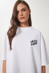 Baskılı Pamuklu Oversize Örme T-shirt BEYAZ LUB0104