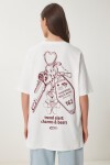 Baskılı Pamuklu Oversize Örme T-shirt EKRU LUB0105