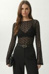 Dantelli Transparan Esnek Örme Bluz SİYAH LMC0083