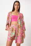 Desenli Viskon  Kimono Şort Takım BEJ PEMBE LWF0006