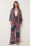 Desenli Yazlık Viskon Kimono Pantolon Takım İNDİGO MAVİ PEMBE LRN0013