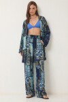 Desenli Yazlık Viskon Kimono Pantolon Takım MAVİ SARI LRN0013