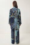 Desenli Yazlık Viskon Kimono Pantolon Takım MAVİ SARI LRN0013