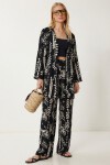Desenli Yazlık Viskon Kimono Pantolon Takım SİYAH EKRU LRN0013