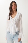Dokulu Volanlı Hafif Transparan Modal Bluz BEYAZ LMX0099