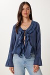 Dokulu Volanlı Hafif Transparan Modal Bluz LACİVERT LMX0099