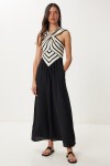 Halter Yaka Midi Dokuma Elbise SİYAH KREM LRW0001