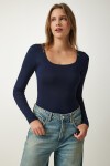 Kare Yaka Viskon Örme Bluz LACİVERT LRX0002