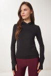 Parmak ve Sırt Cut Out Detaylı Kapüşonlu Örme Sweatshirt SİYAH LVX0004