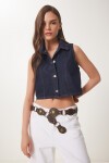 Polo Yaka Crop Denim Yelek KOYU MAVİ LUS0107