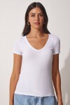 V Yaka Örme T-Shirt BEYAZ LHJ0003