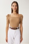 2li Paket Kare Yaka Fitilli Crop Bluz KAHVERENGİ BİSKÜVİ LGT0028