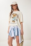 Ayıcık Baskılı Pamuklu Örme T-shirt KREM LUS0125