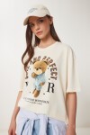 Ayıcık Baskılı Pamuklu Örme T-shirt KREM LUS0125