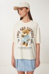 Ayıcık Baskılı Pamuklu Örme T-shirt KREM LUS0125