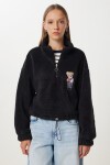Ayıcık İşlemeli Fermuarlı Peluş Sweatshirt SİYAH LZH0014