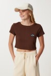 Ayıcık Nakışlı Fitilli Örme Crop T-shirt KAHVERENGİ LZH0015