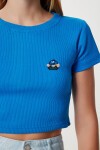 Ayıcık Nakışlı Fitilli Örme Crop T-shirt KOYU MAVİ LZH0015