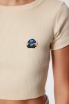 Ayıcık Nakışlı Fitilli Örme Crop T-shirt KREM LZH0015