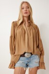 Büzgülü Poplin Gömlek CAMEL LFN0097