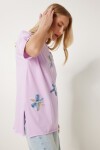 Çiçek İşlemeli Yırtmaçlı Örme T-shirt LİLA LMP0010