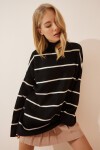 Çizgili Oversize Uzun Triko Kazak SİYAH LYY0088